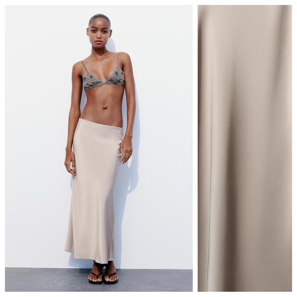 Maxi Skirt Silk Effect Skirt Zara Taupe Grey Beige Satin Effect Maxi